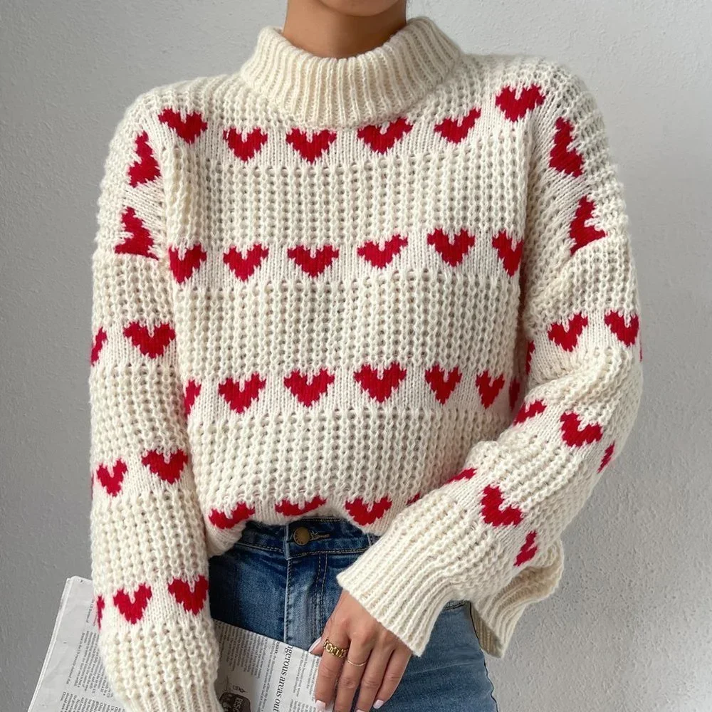 White Beige Casual Womens Heart Pattern Drop Shoulder Sweater - Picture 5 of 5